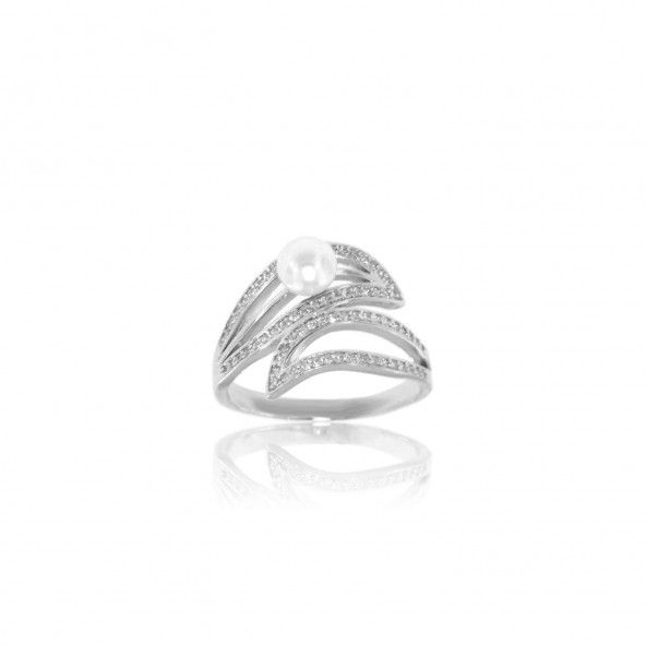 2 leaves Sterling Silver 925/1000 Ring with Zirconium and White Pearl