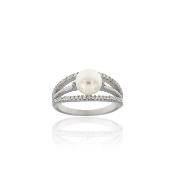 Sterling Silver 925/1000 Ring with White Pearl and Zirconium