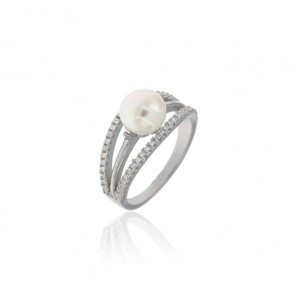 Sterling Silver 925/1000 Ring with White Pearl and Zirconium