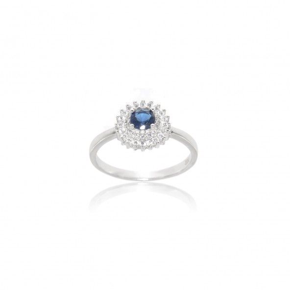MJ Solitaire Silver 925/1000 ring with Blue stone and zirconia around.
