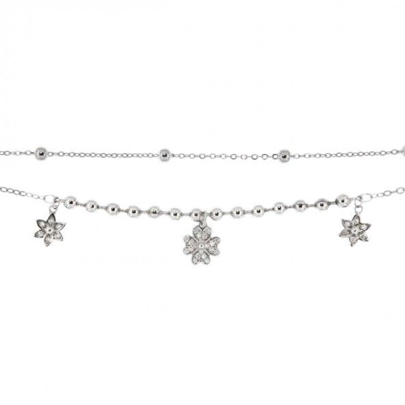 Silver 925/1000 Double Bracelet with Flowers and Zirconium Stones
