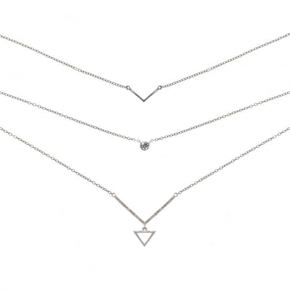 Necklace Silver 925/1000 3 chains with Triangle Pendants, solitaire Zircon and V
