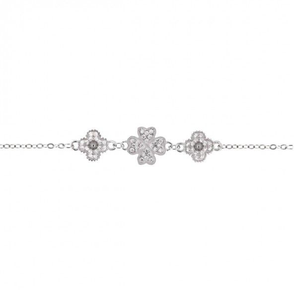 Bracelet Flowers and Trelfle with four leaves Silver 925/1000 and Zirconium stones