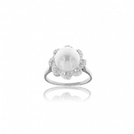 Ring Silver 925/1000 Solitaire White Pearl and Zirconium Stones
