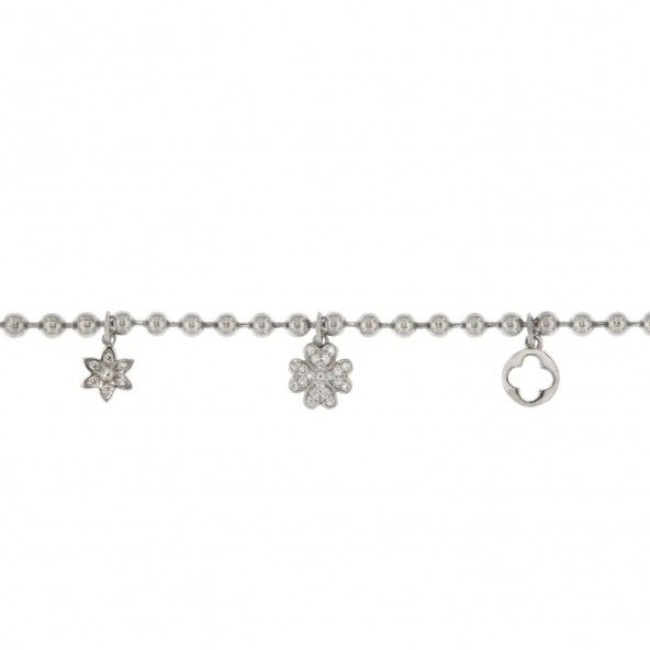 Bracelet en Argent 925/1000 avec pendentifs fleurs et Trèfle à quatre feuilles