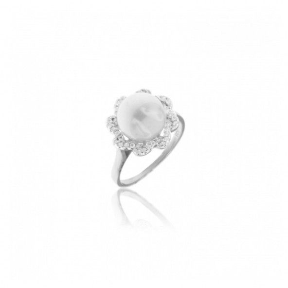 Ring Silver 925/1000 Solitaire White Pearl and Zirconium Stones