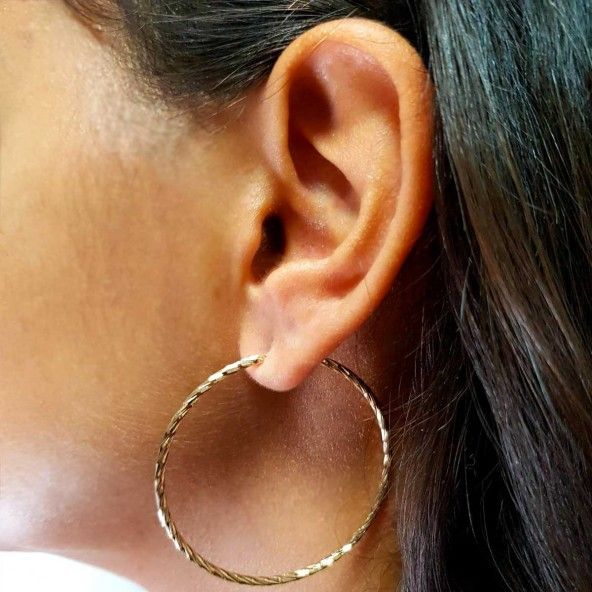 Boucles d'oreilles Créoles avec fil Torsadé Plaqué Or Diamètre 60mm