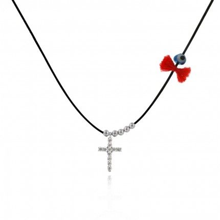 MJ Silk Thread Necklace Cross Zirconium 925/1000 Silver