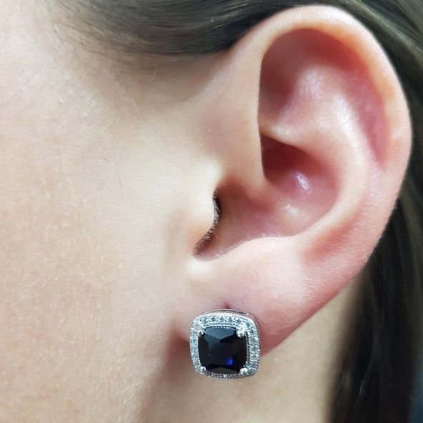 10 mm Square Shape 925/1000  Silver Blue Zirconium Solitaire Earrings