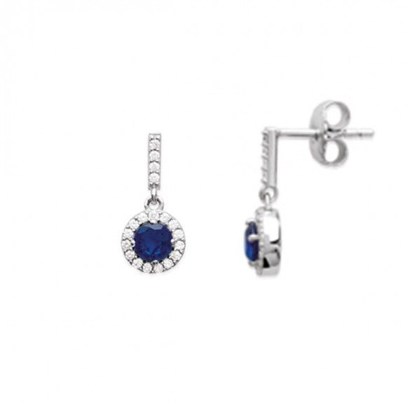Silver 925/1000 Solitaire Pendants Earrings Round Blue and White Zirconium 7mm.