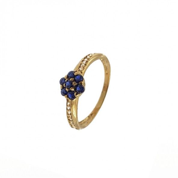 375/1000 Gold Flower Solitaire with Blue and White Zirconium Stones