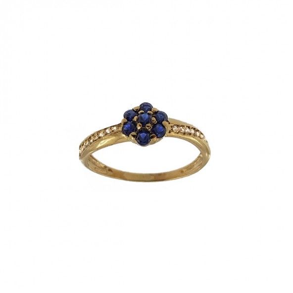 375/1000 Gold Flower Solitaire with Blue and White Zirconium Stones