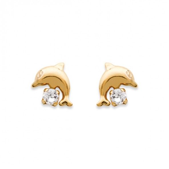 Gold Plated Earings Dolphin shape with Zirconia 10mm.