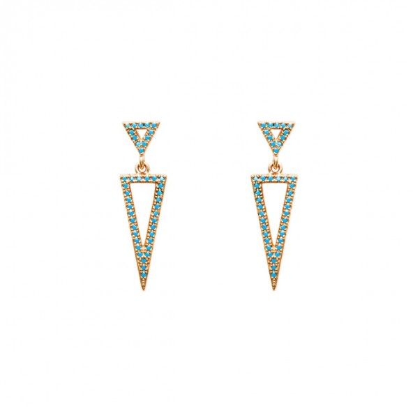 Gold Plated Earings Triangle shape  with blue stone 7mm / 30mm.