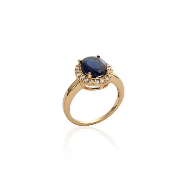 Gold Plated Solitary Ring Blue and White Zirconia 13mm.