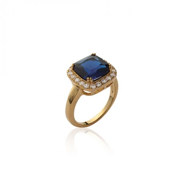 Gold Plated square Solitary with blue and white Zirconia 14mm.
