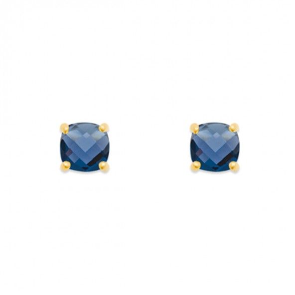 Gold plated Earrings square solitaire with blue zirconia 6mm.