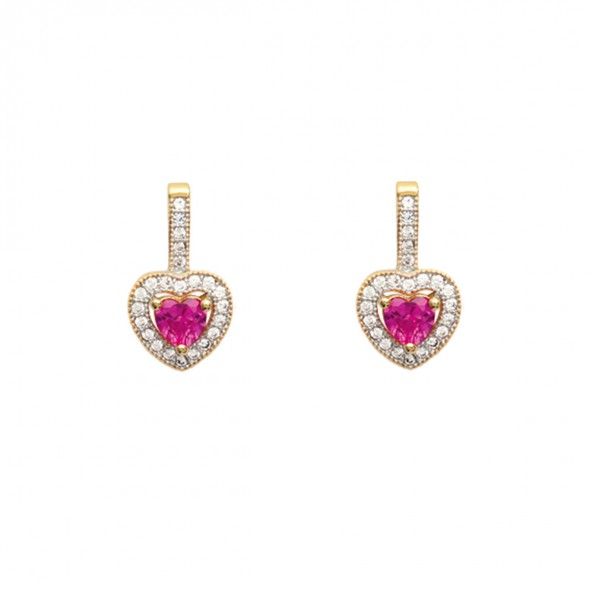 Gold plated Earrings pendant heart shape with pink zirconia in the middle and white 8mm.