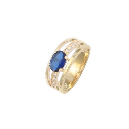 Gold Plated Ring solitaire with blue and white zirconias, 9mm.