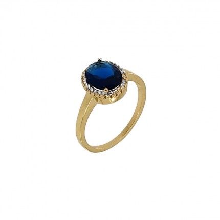 Gold Plated Ring round solitaire with blue and white zirconias, 11mm.