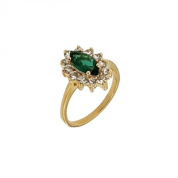 Gold Plated Ring flower shape with green and white zirconias, 16mm.
