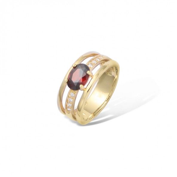 Gold Plated Solitaire Ring with red and white zirconias, 9mm.