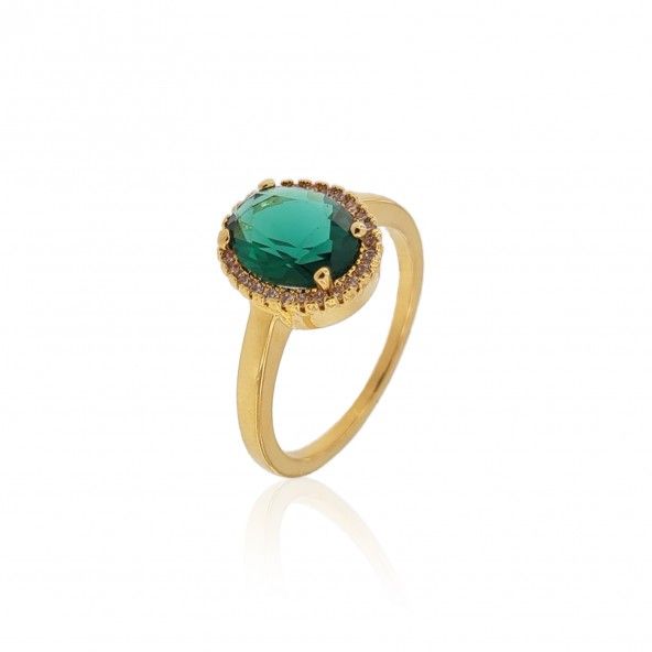 Gold Plated Ring solitaire with green and white zirconias, 11mm.