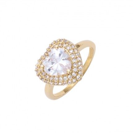 Gold Plated Solitaire ring heart shape with zirconia 13mm.