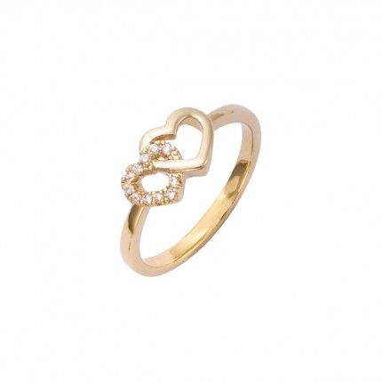 Gold Plated ring 2 hearts with zirconia 7mm.