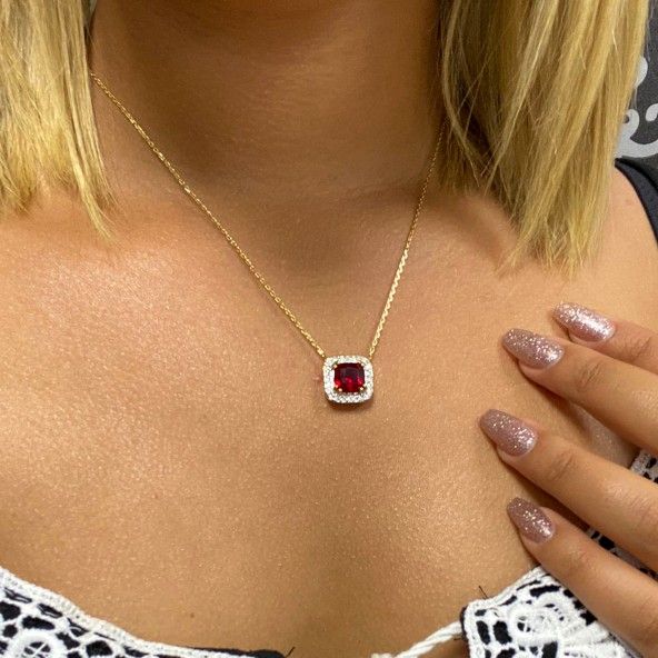 Extensible Necklace 40 + 5 cm with Square Red and White Zirconium Gold Plated